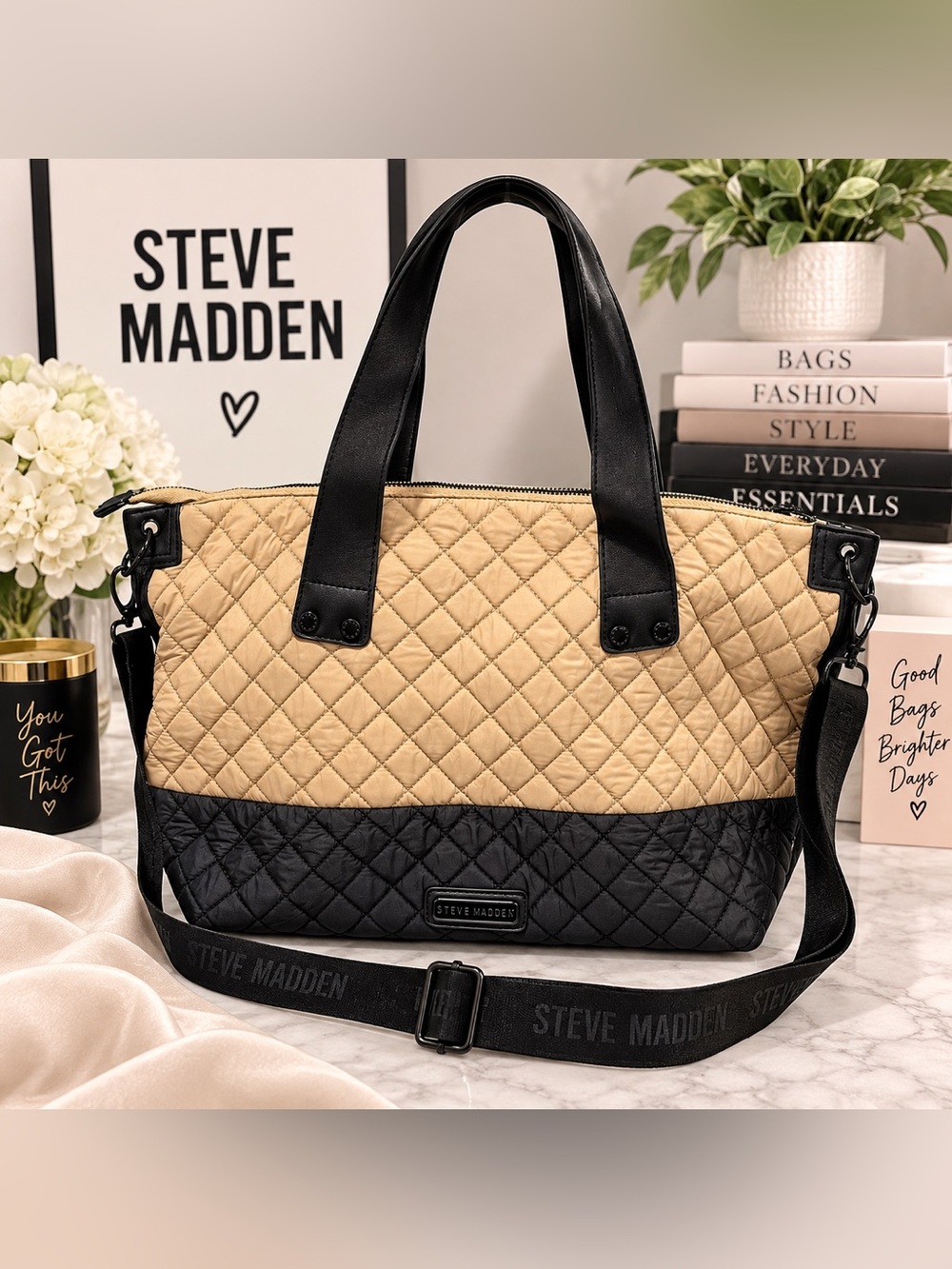 Steve Madden Two-Tone Quilted Nylon Crossbody Tote Bag Black Mushroom